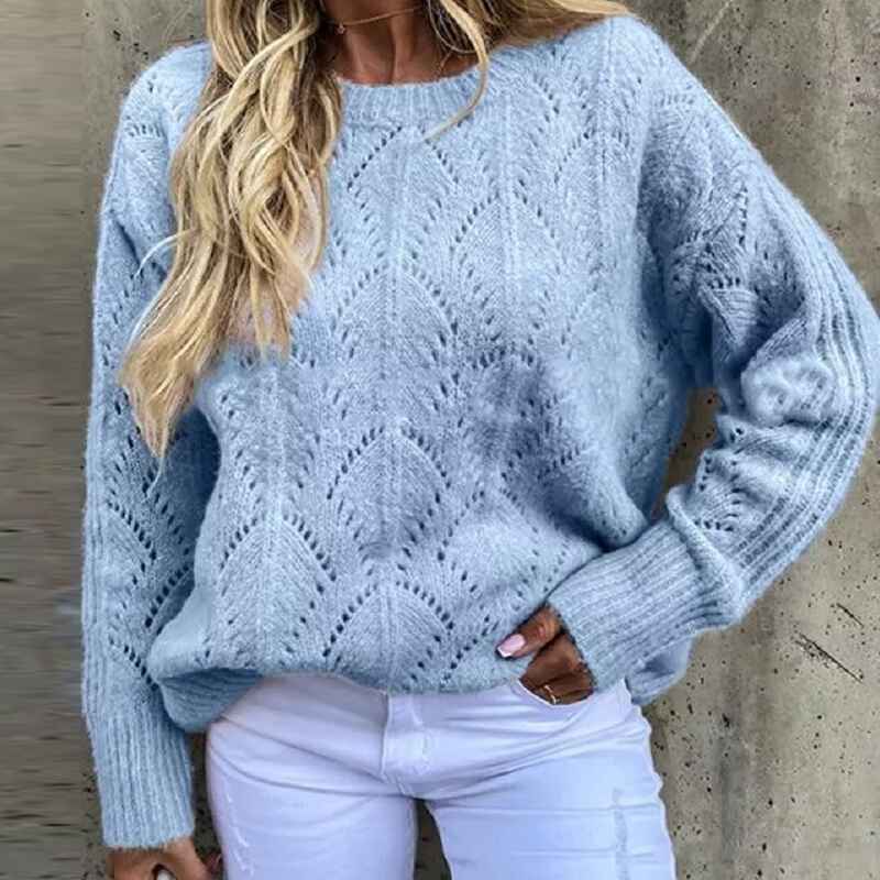 Blue-Womens-Fall-Puff-Long-Sleeve-Pullover-Sweaters-Tops-Soft-Dot-Crew-Neck-Shirt-Lightweight-Hollow-Out-Knit-Sweater-K041