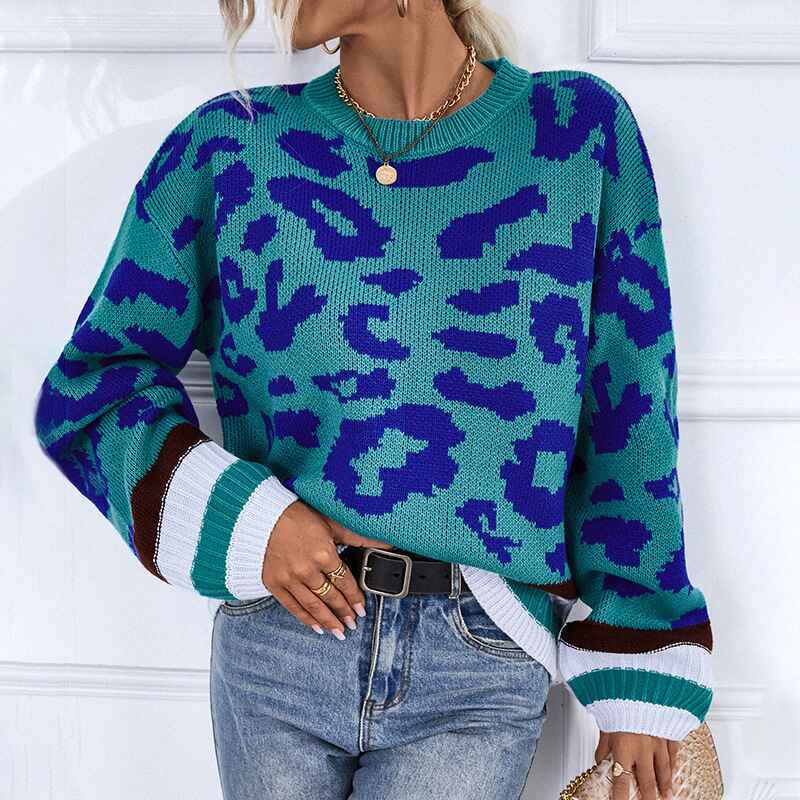 Blue-Womens-Leopard-Pullover-Sweater-Casual-Sweatshirt-Crew-Neck-Long-Sleeve-Knit-Tops-K477-Front
