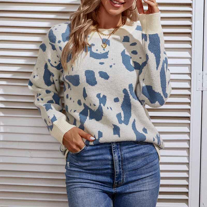 Blue-Womens-Long-Sleeve-Letter-Graphic-Drop-Shoulder-Pullover-Sweatshirt-Top-K246-Front