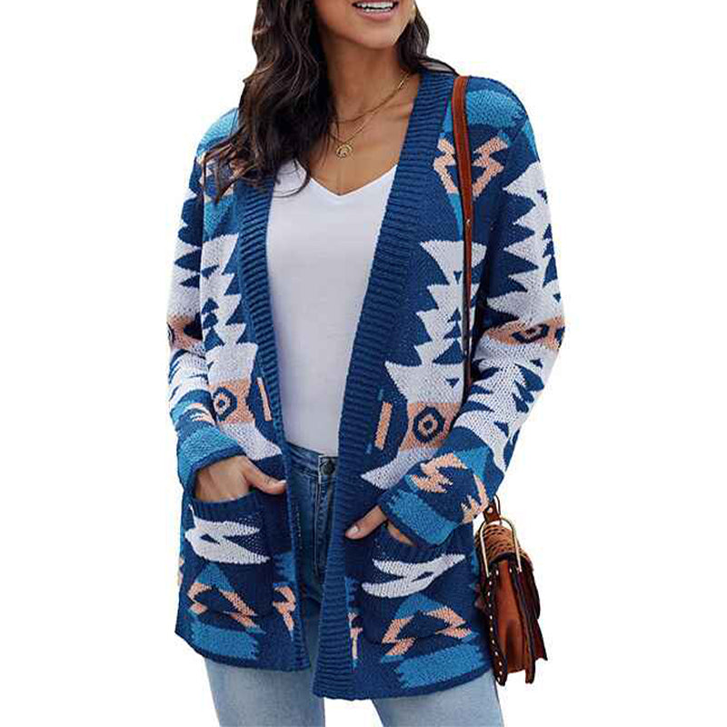 Blue-Womens-Open-Front-Aztec-Cardigan-Pockets-Long-Sleeve-Knit-Sweater-Coat-K098