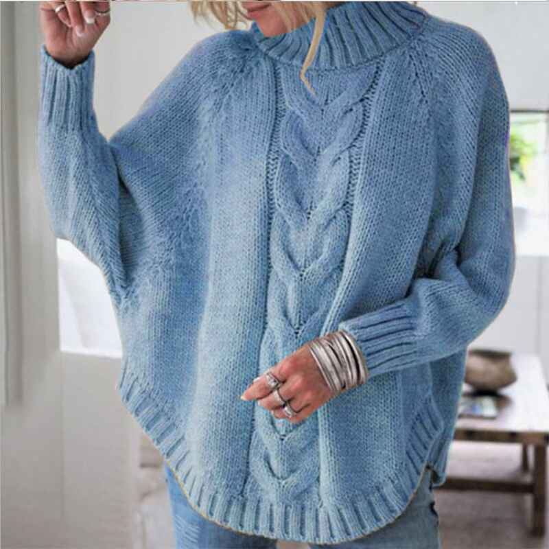 Blue-Womens-Turtleneck-Sweaters-Cable-Knit-Long-Sleeve-Pullover-Sweater-Jumper-K049