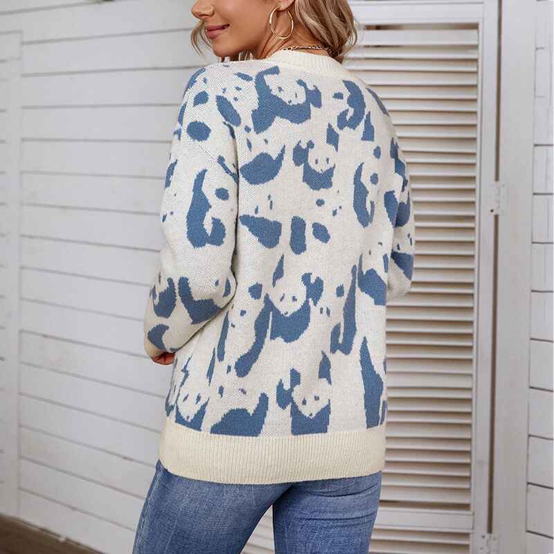 Blue-Womens-Ultra-Soft-Jacquard-Crewneck-Pullover-Sweater-K268-Back