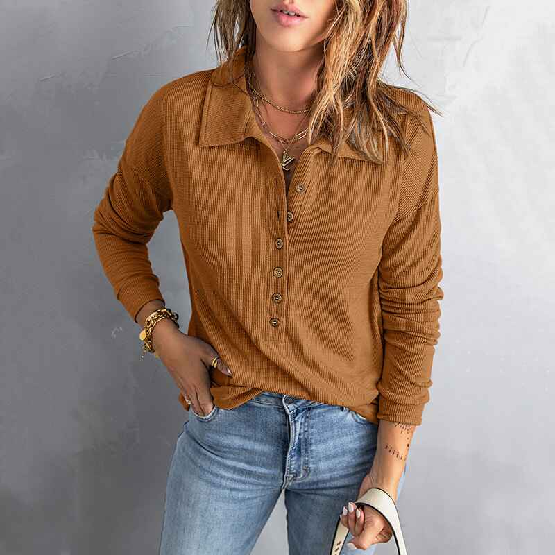 Brown-Womens-Casual-Button-Down-V-Neck-Blouses-Long-Sleeve-Solid-Color-Stand-Collar-Knitted-Tops-Cute-Relaxed-Fit-Shirts-K185-Front-2