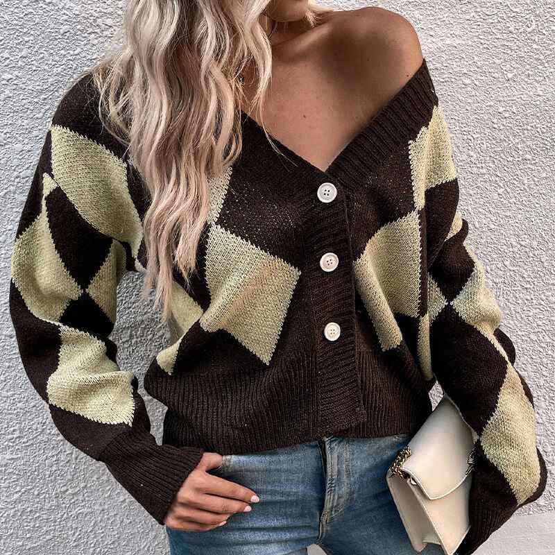 Brown-Womens-Long-Sleeve-V-Neck-Argyle-Knitted-Crop-Sweater-Pullover-Tops-Button-Up-Crop-Cardigan-K402