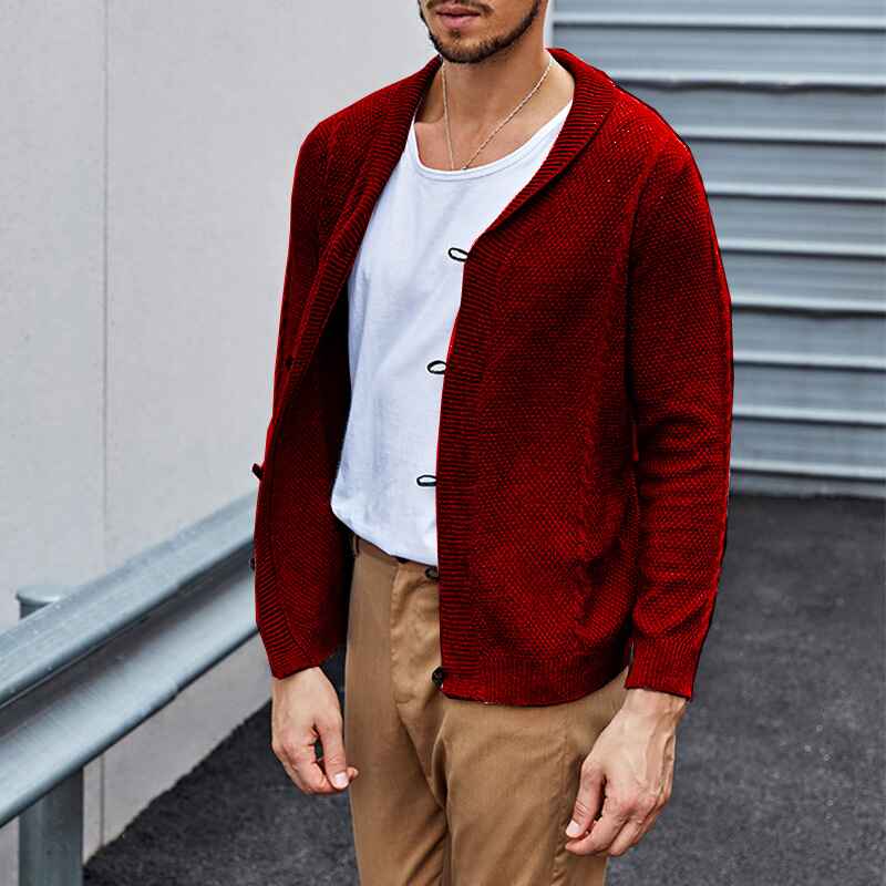 Burgundy-Mens-Lambswool-Long-Sleeve-Shawl-Collar-Cardigan-Sweater-G017