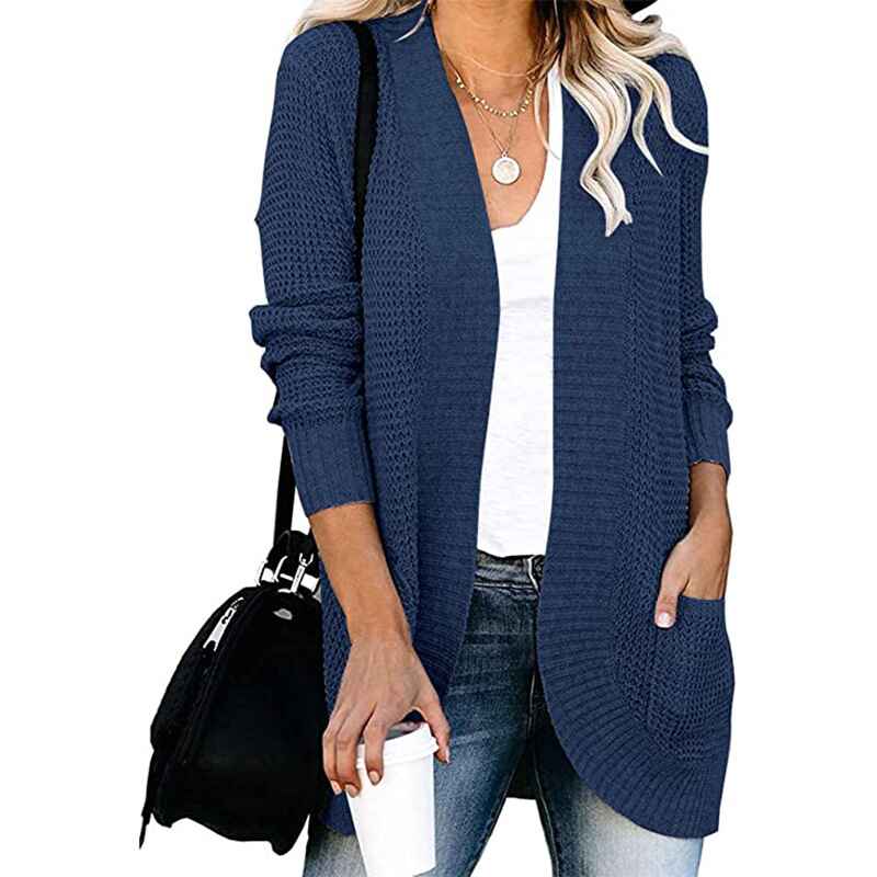 Dark-Blue-FallWinterWomens-Open-Front-Long-Sleeve-Loose-Slouchy-Waffle-Chunky-Knit-Cardigan-Sweater-with-Pockets-K026