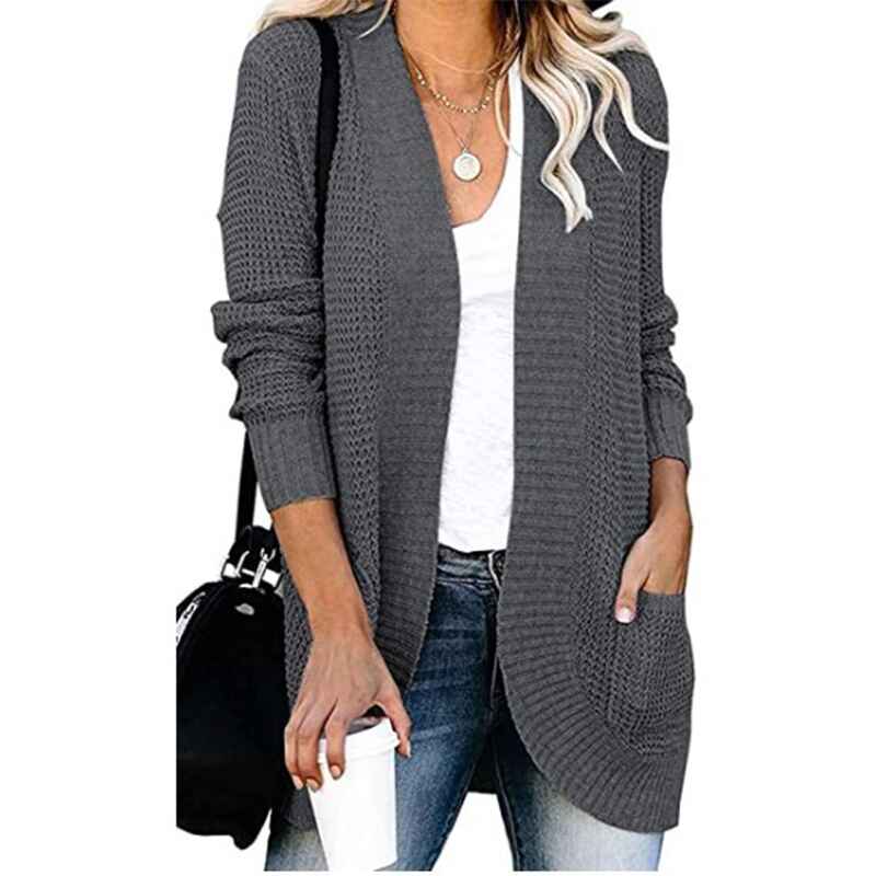     Dark-Gray-FallWinterWomens-Open-Front-Long-Sleeve-Loose-Slouchy-Waffle-Chunky-Knit-Cardigan-Sweater-with-Pockets-K026