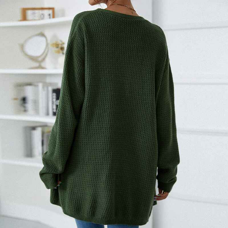 Dark-Green-Womens-Casual-Long-Sleeve-Cable-Knit-Sweater-Cardigan-Loose-Open-Front-Outwear-K381-Back