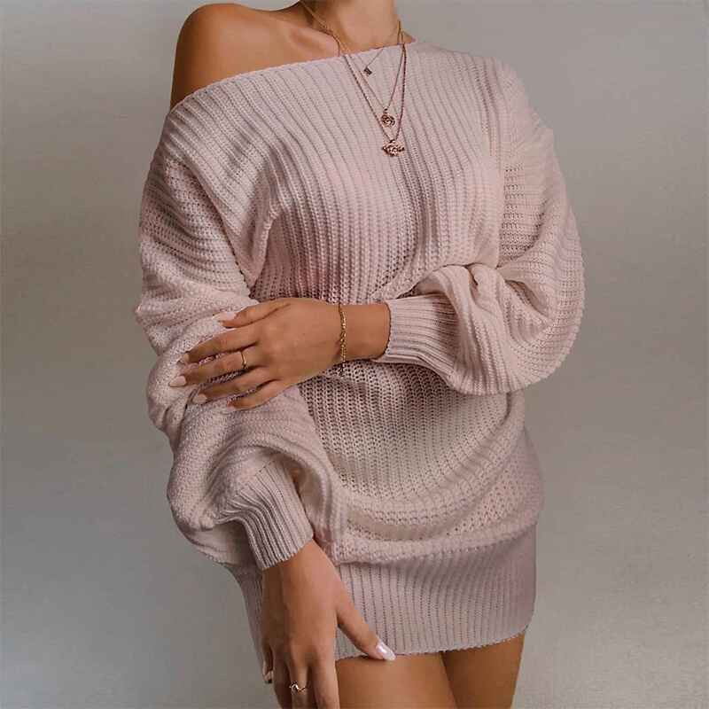 Deep-Pink-Womens-Off-Shoulder-Sweater-Dress-Long-Sleeve-Loose-Oversized-Pullover-Knit-Jumper-K032