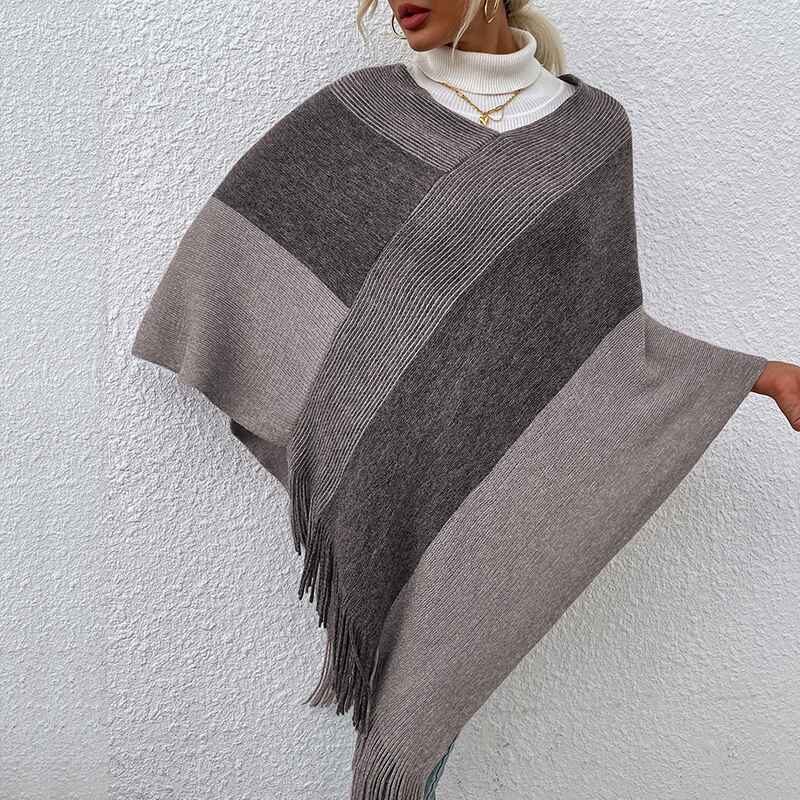 Gray-Women_sElegantKnittedPonchoTopwithStripePatternsandFringedSidesK309