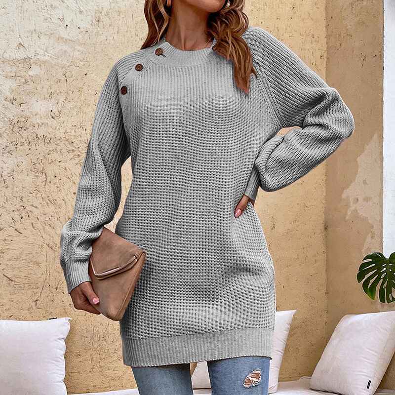 Gray-Womens-Crew-Neck-Long-Sleeve-Knit-Stretchable-Elasticity-Slim-Sweater-Bodycon-Mini-Sweater-Dress-K434