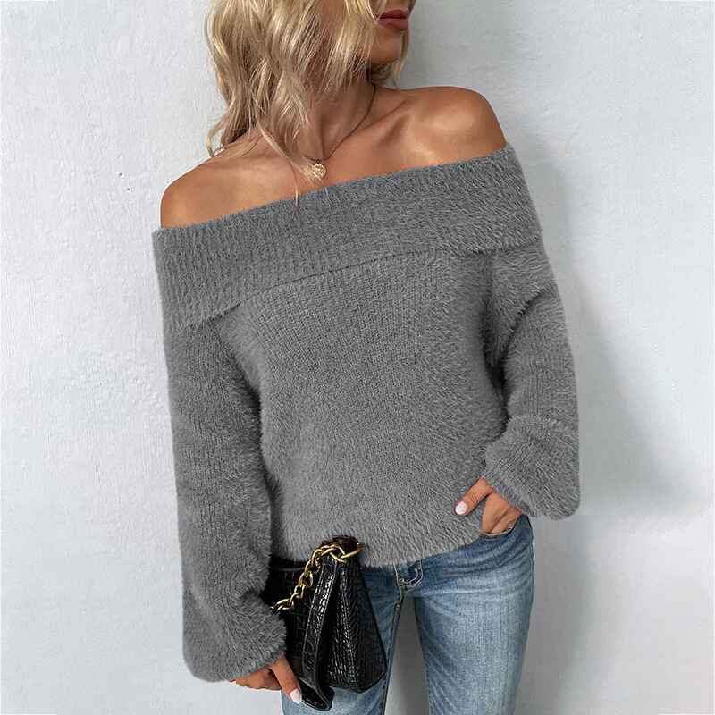 Gray-Womens-Off-Shoulder-Knit-Sweater-Long-Sleeve-Casual-Batwing-Loose-Solid-Pullover-Jumper-K239