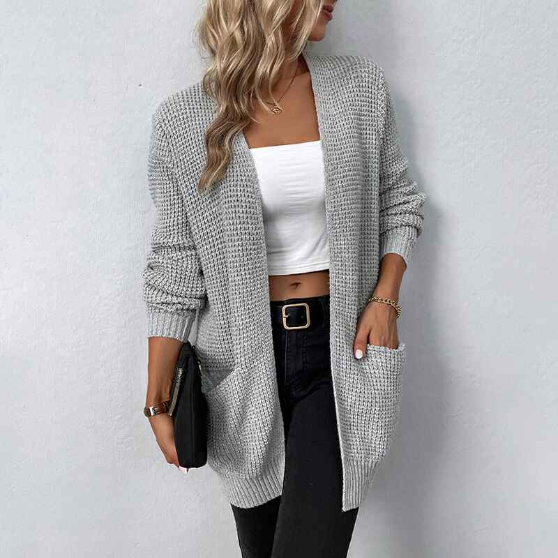 Gray-Womens-Open-Front-Waffle-Long-Sleeve-Lightweight-Knit-Cardigans-Sweater-Oversized-Sweaters-with-Pockets-K266-Front