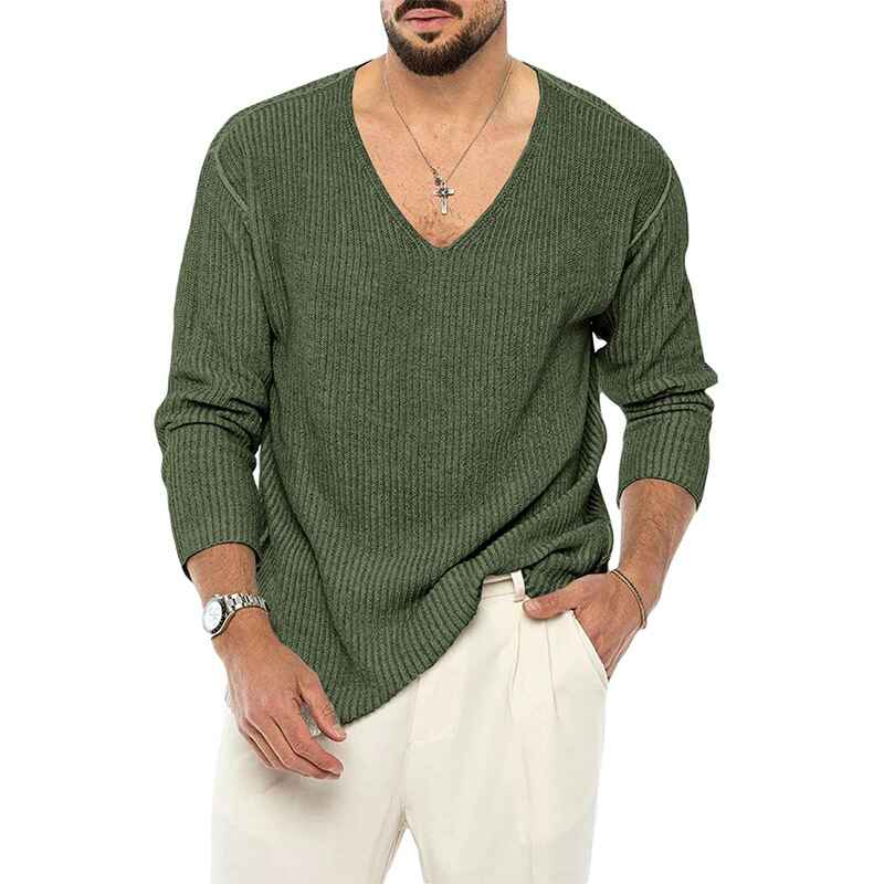 Green-Khaki-Mens-Long-Sleeve-Soft-Touch-V-Neck-Sweater-G061