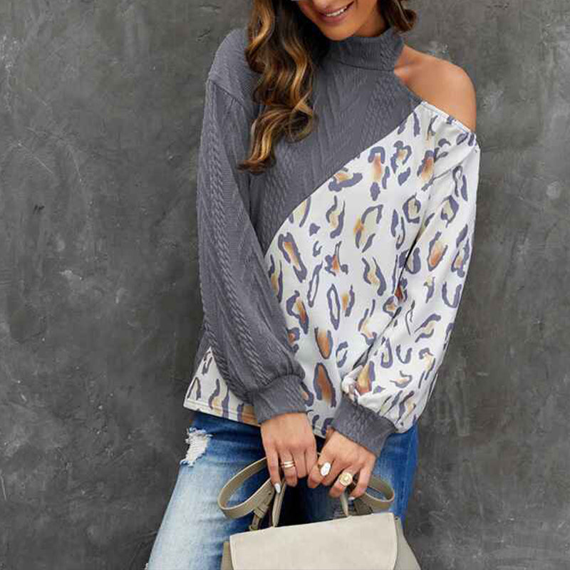 Grey-Womens-Loose-Warm-Off-Shoulder-Turtleneck-Lightweight-Soft-Pullover-Cutout-Long-Sleeve-Jumper-Sweaters-K140-Front