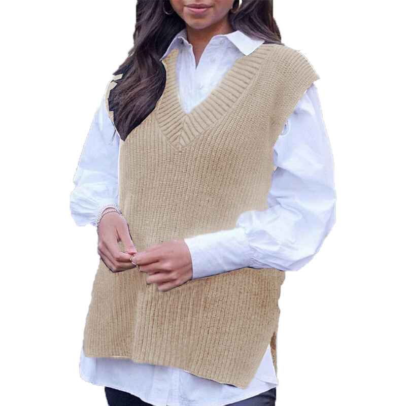     Khaki-Sweater-Vest-Women-Knitted-V-Neck-Oversized-Sweaters-Sleeveless-Knitwear-Tank-Tops-K40