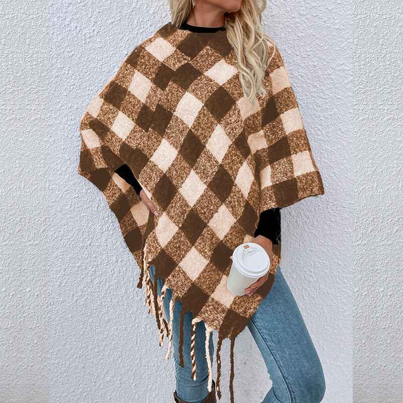    Khaki-Womens-Boho-Open-Front-Poncho-Cape-Oversize-Knitted-Plaid-Shawl-Wrap-Cardigan-Sweater-K323