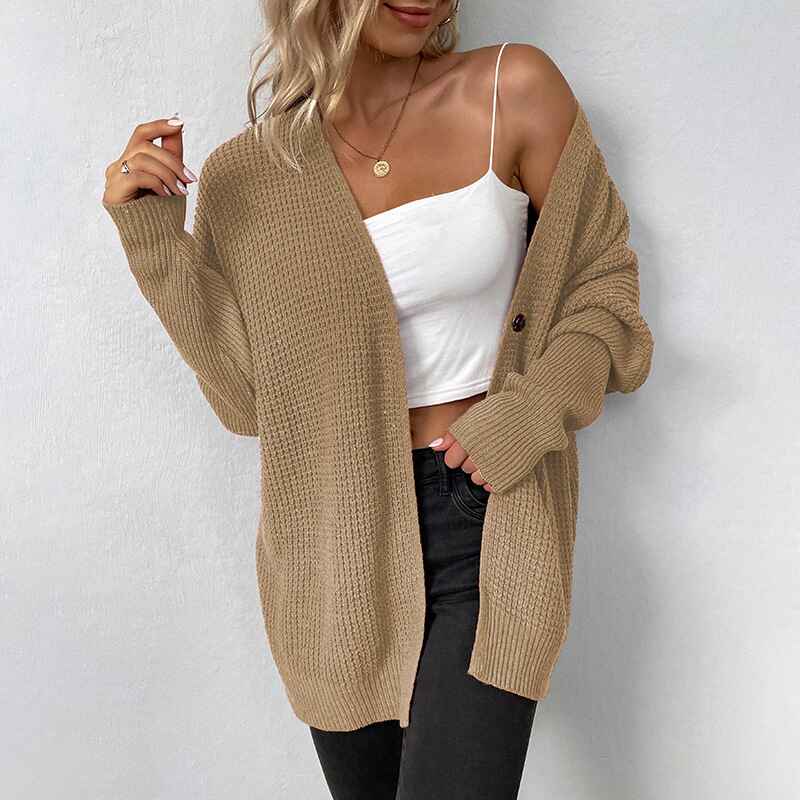 Khaki-Womens-Button-Down-Vee-Neck-Long-Sleeve-Rib-Knit-Cardigan-Sweaters-K473