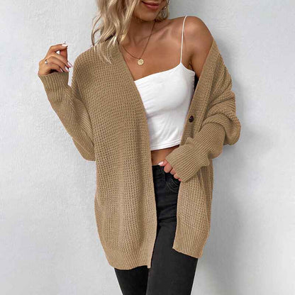 Khaki-Womens-Button-Down-Vee-Neck-Long-Sleeve-Rib-Knit-Cardigan-Sweaters-K473