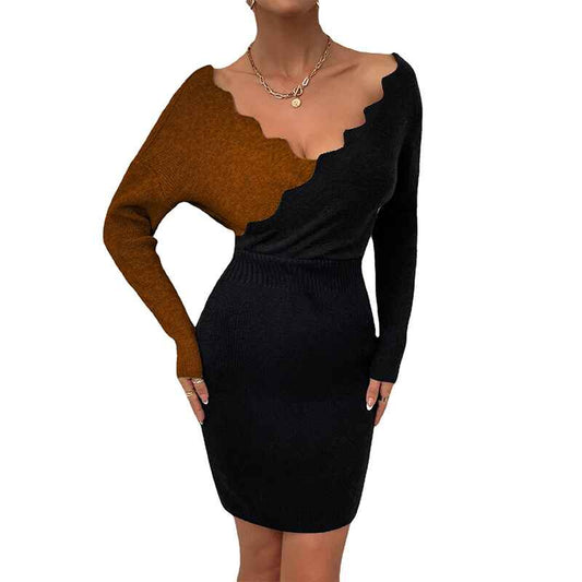 Khaki-Womens-Cable-Knit-Sweater-Dress-Long-Sleeve-V-Neck-Color-Block-Sweater-Dresses-Stripe-Fall-Sweaters-K317