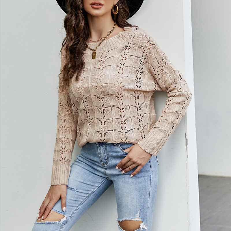 Khaki-Womens-Crochet-Hollow-Out-Crewneck-Long-Sleeve-Knit-Sweaters-Pullover-Jumper-Tops-K095