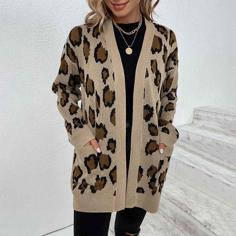 Khaki-Womens-Open-Front-Leopard-Knit-Cardigan-Sweaters-Pockets-Long-Sleeve-Outwear-K272-Front