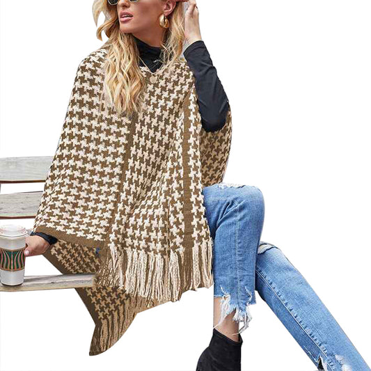 Khaki-Womens-Vintage-Plaid-Knitted-Tassel-Poncho-Shawl-Cape-Button-Cardigan-K311