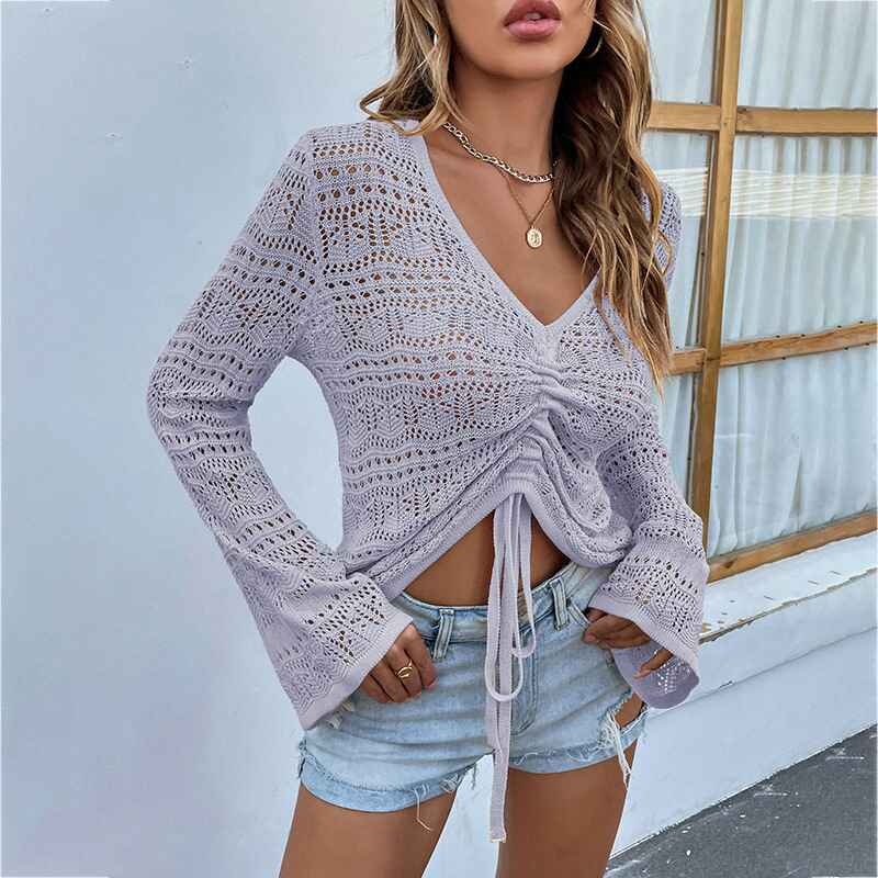 Light-Purple-Womens-Boho-Off-Shoulder-Sheer-Crop-Tops-Bell-Sleeve-Flowy-Oversized-Crochet-Ruched-Pullover-Sweaters-K215