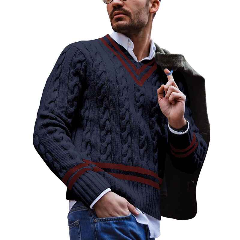 Navy-Blue-Mens-Pullover-Sweater-Cable-Knit-V-Neck-Cotton-Knitwear-Sweater-G060