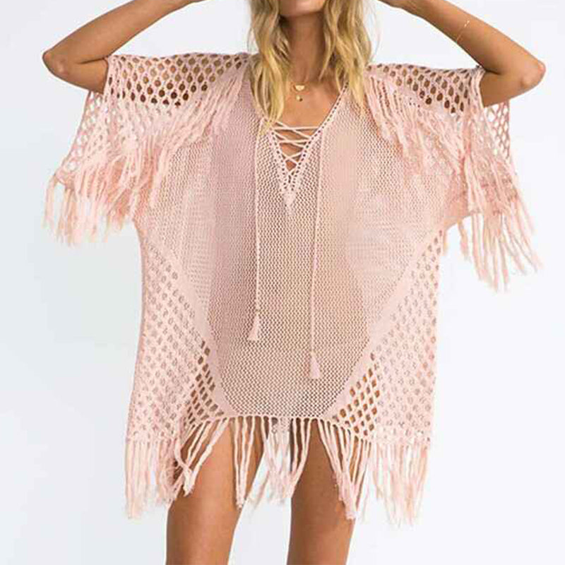 Pink-Beach-Swimsuit-for-Women-Sleeve-Coverups-Bikini-Cover-Up-Lace-up-Net-Front