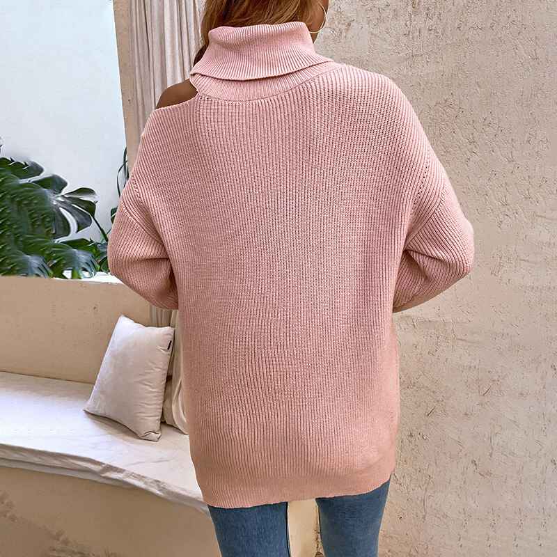 Pink-Womens-Loose-Warm-Off-Shoulder-Turtleneck-Lightweight-Soft-Pullover-Cutout-Long-Sleeve-Jumper-Sweaters-K455-Back