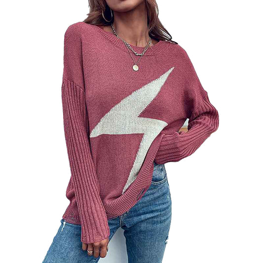 Pink-Womens-Pullover-Jumper-Knitwear-Long-Sleeve-Lightning-Z-Shape-Block-Soft-Knit-Sweater-K222