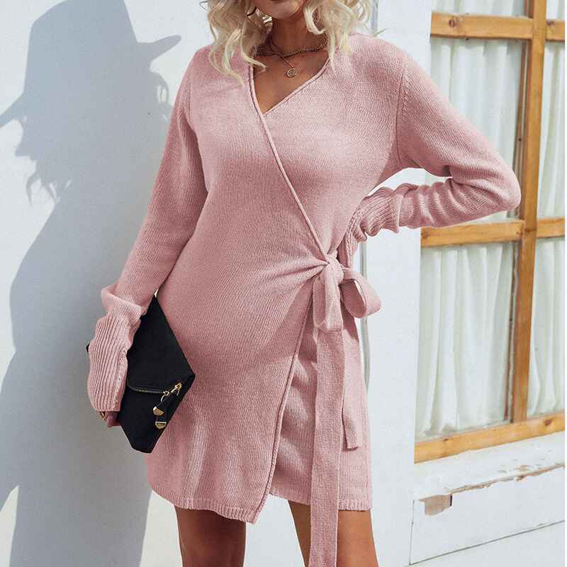 Pink-Womens-V-Neck-Batwing-Long-Sleeve-Sexy-Backless-Wrap-Bodycon-Cocktail-Pullover-Sweater-Mini-Dress-with-Belt-K280