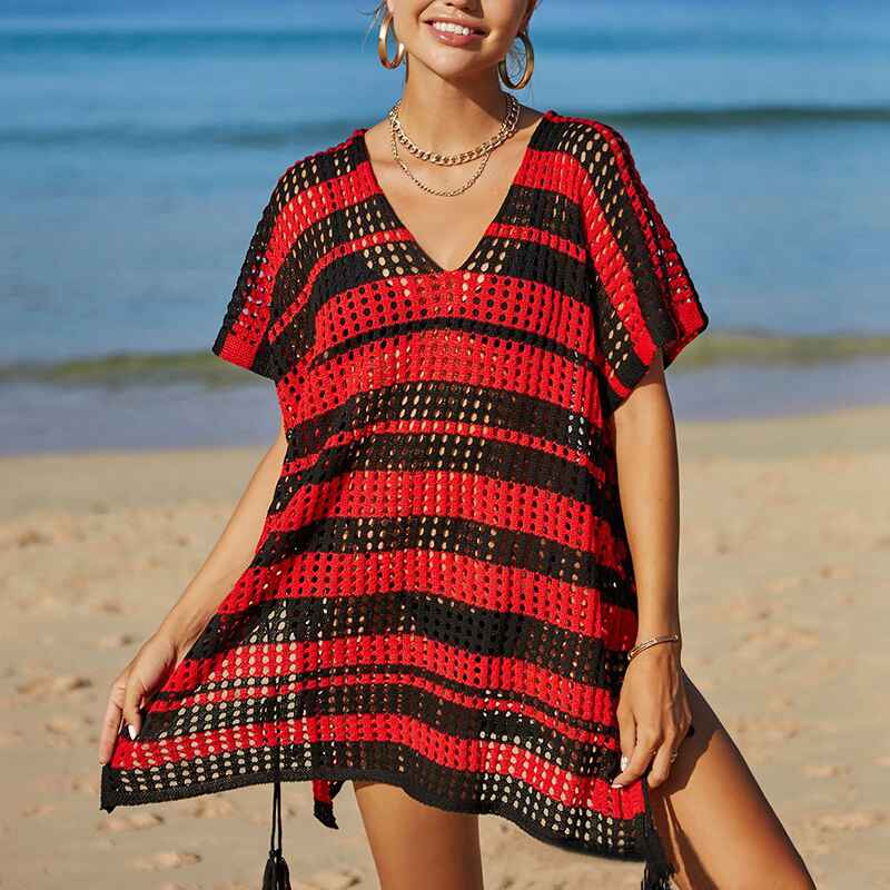 Red-Black-Womens-Swimsuit-Cover-Up-Hollow-Out-Swimwear-Beach-Bathing-Suit-Bikini-Coverups