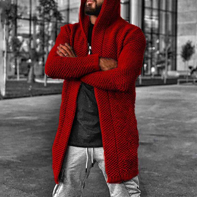 Red-Mens-Chunky-Needle-Heavy-Mid-Length-Knitted-Cardigan-Sweater-Attached-Hood-G039