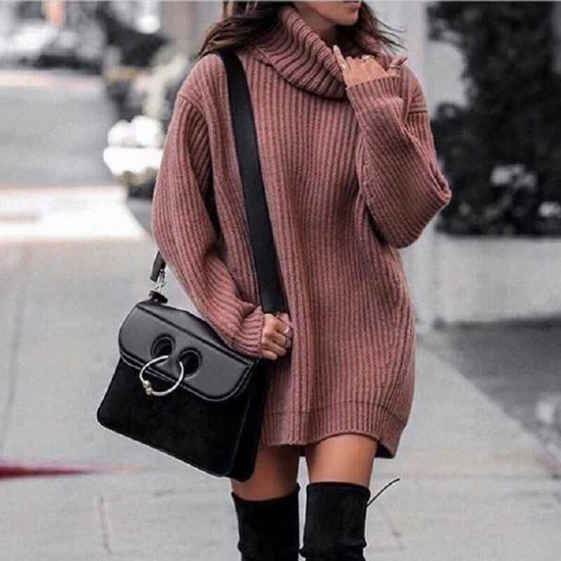    Red-Women-Turtleneck-Long-Lantern-Sleeve-Casual-Loose-Oversized-Sweater-Dress-Soft-Winter-Pullover-Dresses-K014