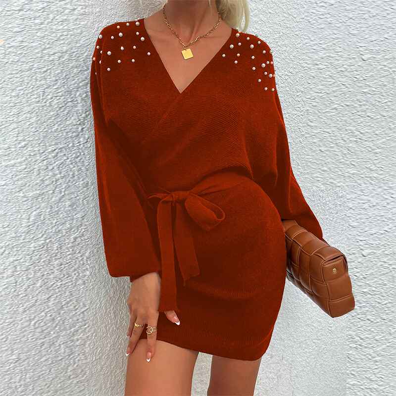    Red-Womens-Sexy-Cocktail-Batwing-Long-Sleeve-Backless-Mock-Wrap-Knit-Sweater-Mini-Dress-K299