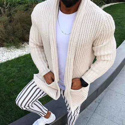     White-Mens-Long-Cardigan-Sweaters-Open-Front-Cable-Knit-Cardigans-Slim-it-Fashion-Cardigan-Sweater-with-Pockets-G046