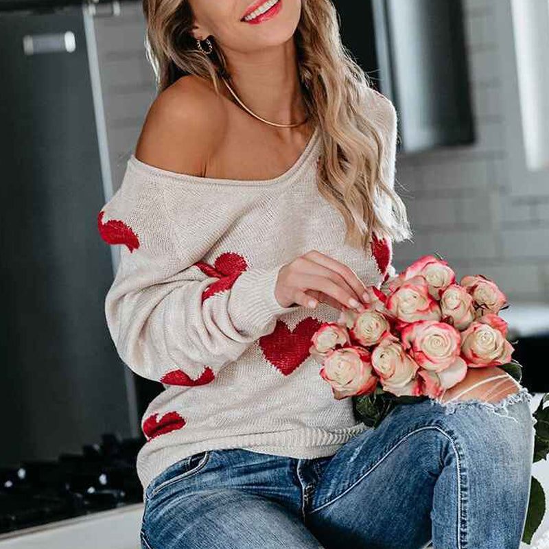 White-Red-Heart-Womens-Off-Shoulder-Knitted-Pullovers-Sweater-Loose-Long-Sleeve-Hearts-Printed-Tops-K048-Side