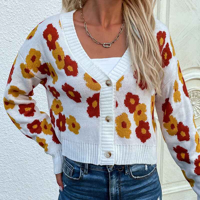 White-Womens-Flower-Knit-Loose-Cardigan-Button-Long-Sleeve-V-Neck-Crop-Sweater-Cardigan-Tops-K328-Front-2