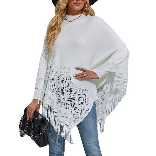 White-Womens-Knitted-Tassel-Shawl-Asymmetric-Hem-Poncho-Fringed-Pullover-Sweater-Solid-Color-Cowl-Neck-Top-Coat-Wrap-Cape-K306