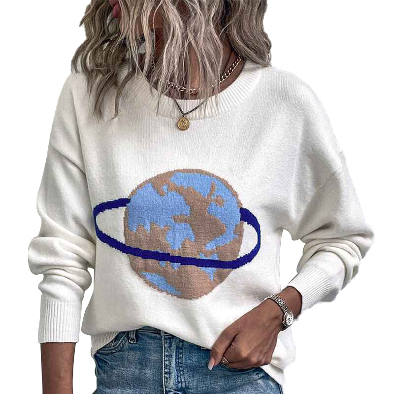 White-Womens-Long-Sleeve-Sweatshirt-the-planet-Graphic-Print-Pullover-Shirt-Top-K476