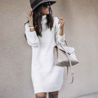 White-Womens-Long-Sleeve-Turtleneck-Sweater-Dresses-Knitted-Bodycon-Midi-Sheath-Jumper-Dresses-K024