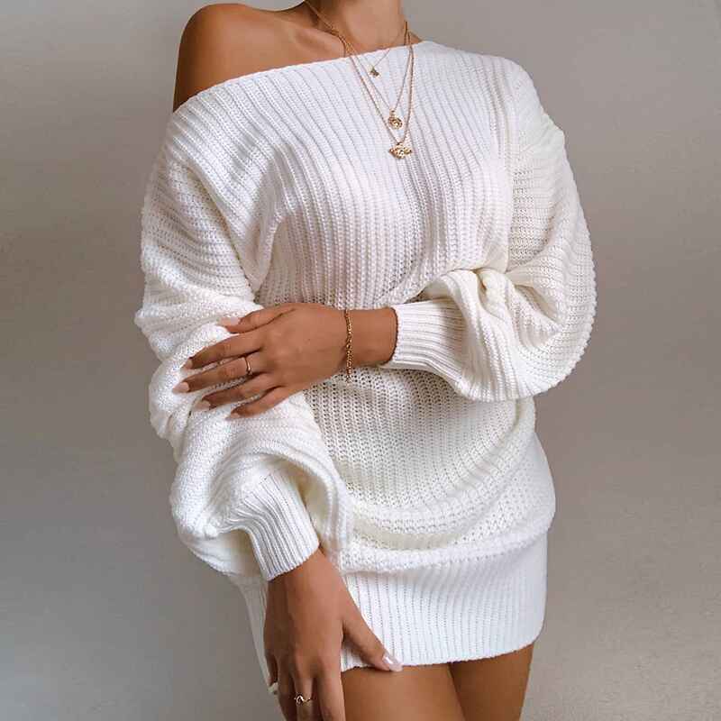 White-Womens-Off-Shoulder-Sweater-Dress-Long-Sleeve-Loose-Oversized-Pullover-Knit-Jumper-K032