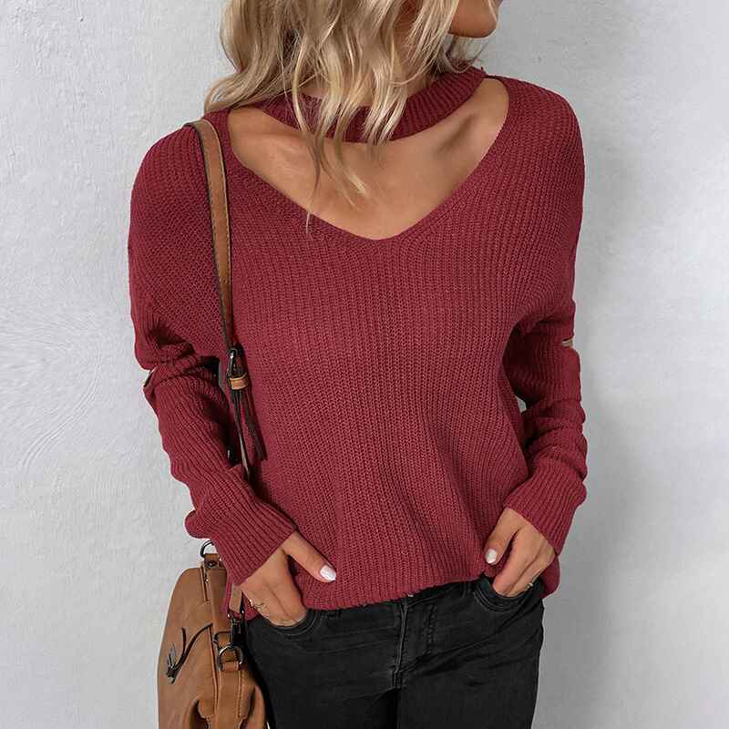 Wine-Red-Womens-Choker-Neck-Cutout-Keyhole-Sexy-Long-Sleeve-Tee-Shirts-Tops-K453-Front