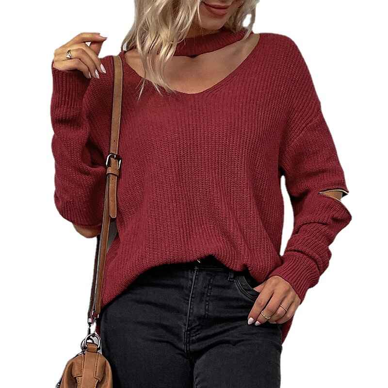 Wine-Red-Womens-Choker-Neck-Cutout-Keyhole-Sexy-Long-Sleeve-Tee-Shirts-Tops-K453