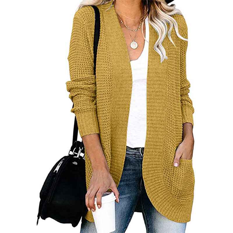 Yellow-FallWinterWomens-Open-Front-Long-Sleeve-Loose-Slouchy-Waffle-Chunky-Knit-Cardigan-Sweater-with-Pockets-K026