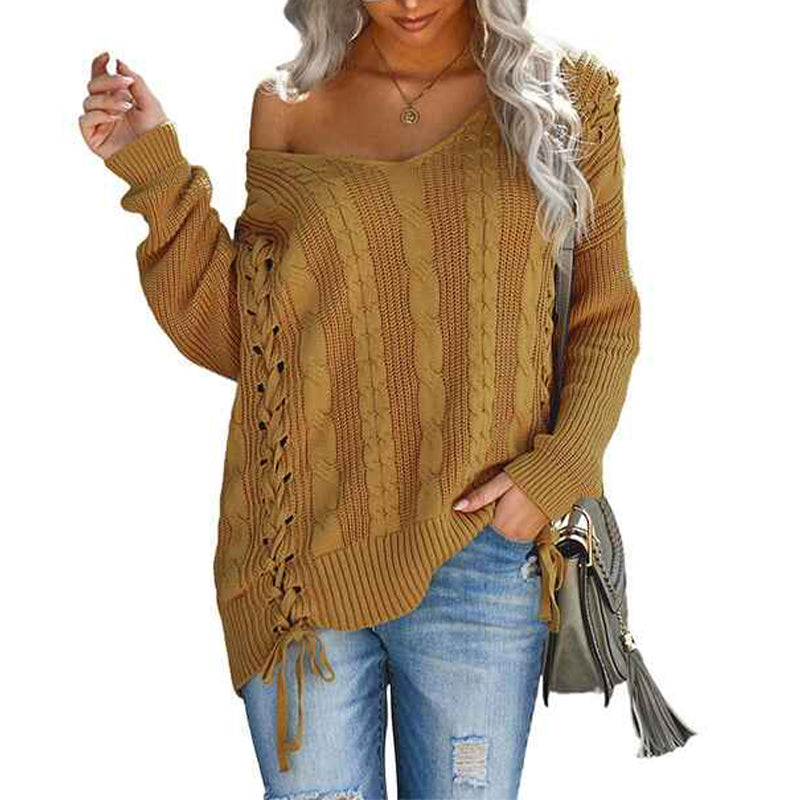     Yellow-Womens-Off-Shoulder-Long-Sleeve-V-Neck-Ribbed-Cable-Pullover-Sweaters-Loose-Fitting-Jumper-Tops-K181