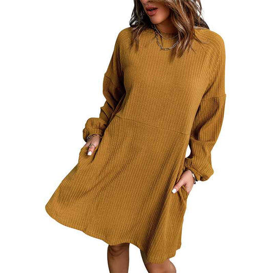 Yellow-Womens-Winter-Sweater-Dress-Casual-Long-Sleeve-Crew-Neck-Loose-Shift-Slim-Fit-Soft-Warm-Knit-Elegant-Dress-K213-Front