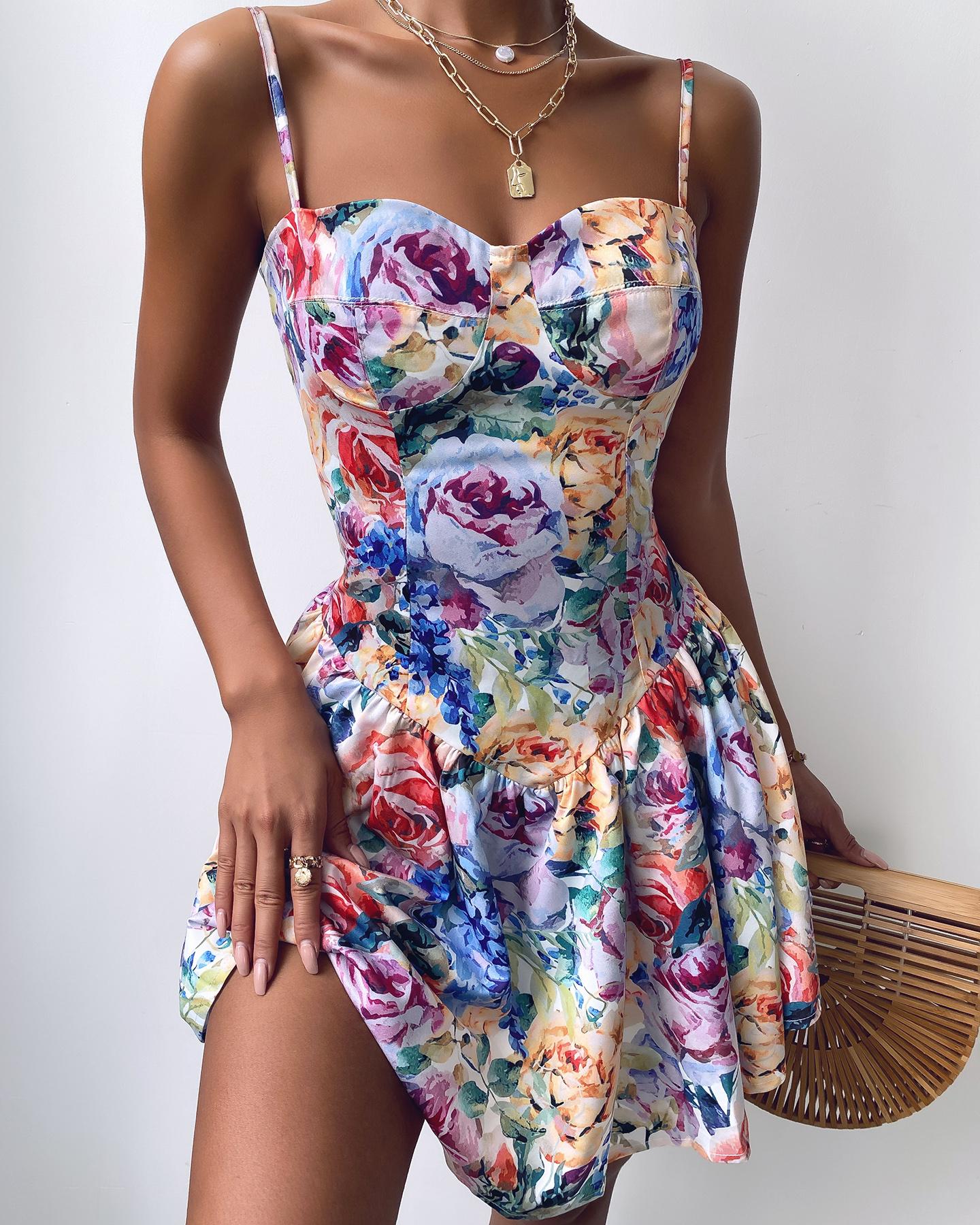 Floral Print Spaghetti Strap Mermaid Dress